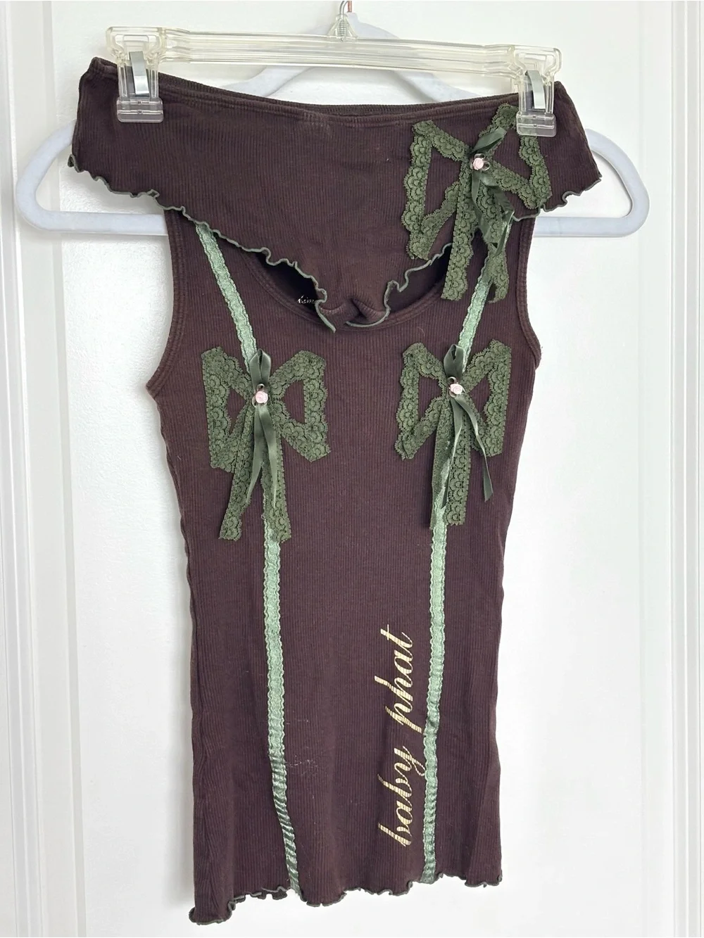 Vintage Y2K Baby Phat Lace Pajama Set Brown Green Small 2 Piece Set Ribbed Cami